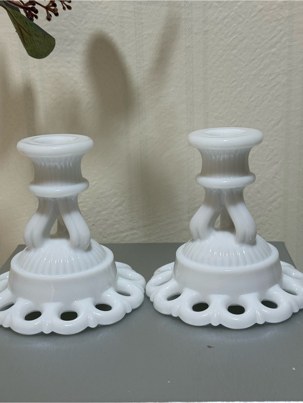 Elegant White Milk Glass Candle Holders - Pair